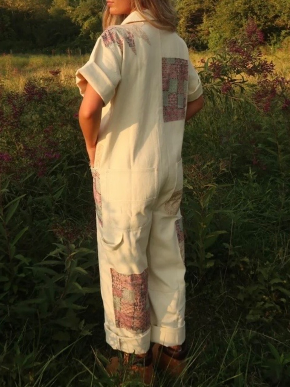 Maddy J Boutique Cream Jumpsuit/Overalls with Quilt style Patchwork - Picture 2 of 12